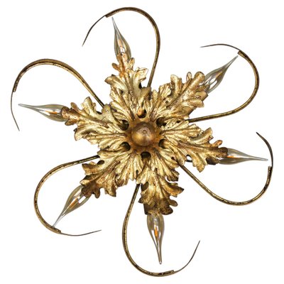 Hollywood Regency Style Gilt Metal 6-Light Oak Leaf Flush Mount, 1970s-KEG-1615660