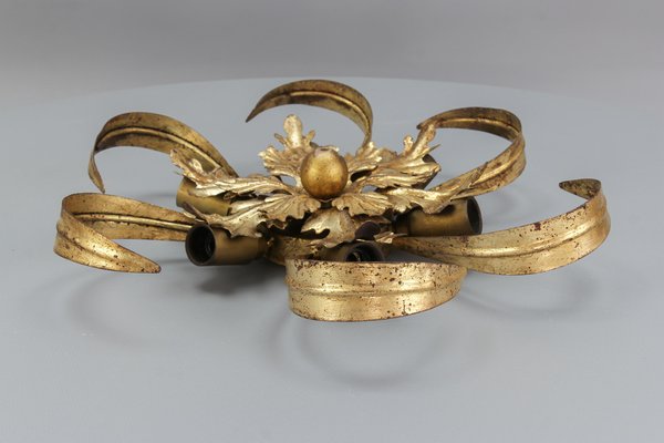 Hollywood Regency Style Gilt Metal 6-Light Oak Leaf Flush Mount, 1970s-KEG-1615660