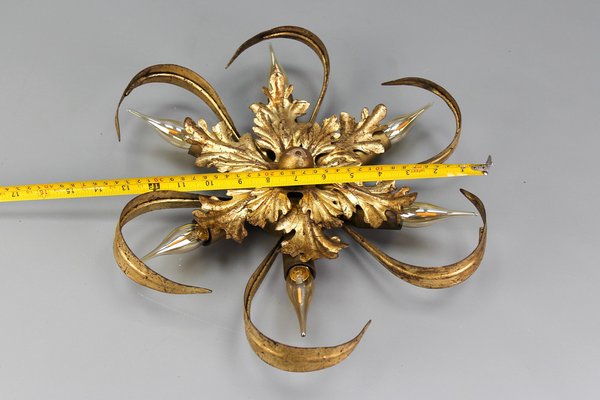 Hollywood Regency Style Gilt Metal 6-Light Oak Leaf Flush Mount, 1970s-KEG-1615660