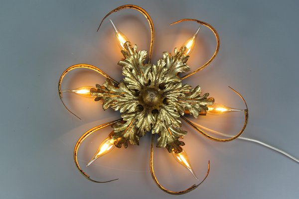 Hollywood Regency Style Gilt Metal 6-Light Oak Leaf Flush Mount, 1970s-KEG-1615660