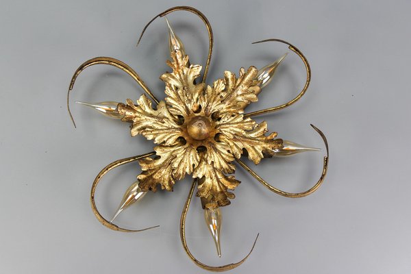 Hollywood Regency Style Gilt Metal 6-Light Oak Leaf Flush Mount, 1970s-KEG-1615660