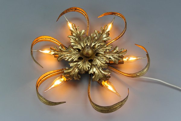 Hollywood Regency Style Gilt Metal 6-Light Oak Leaf Flush Mount, 1970s-KEG-1615660