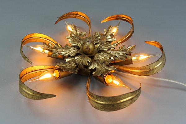 Hollywood Regency Style Gilt Metal 6-Light Oak Leaf Flush Mount, 1970s-KEG-1615660