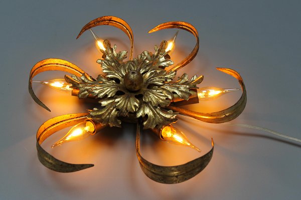 Hollywood Regency Style Gilt Metal 6-Light Oak Leaf Flush Mount, 1970s-KEG-1615660