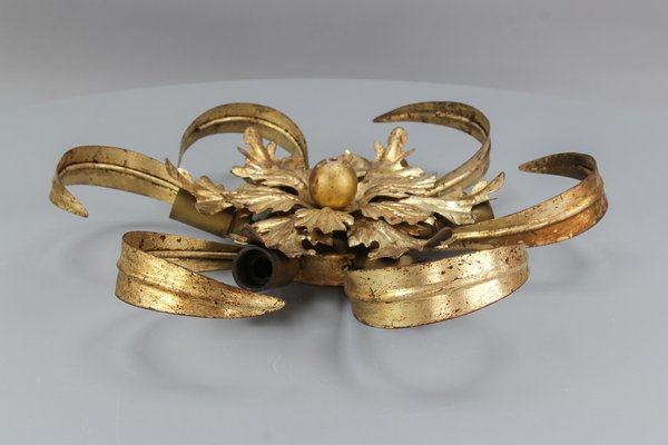 Hollywood Regency Style Gilt Metal 6-Light Oak Leaf Flush Mount, 1970s-KEG-1615660