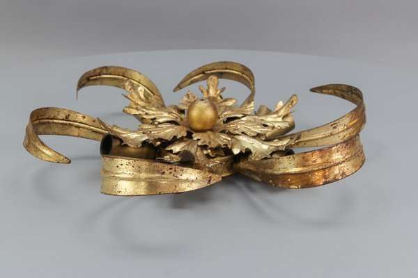 Hollywood Regency Style Gilt Metal 6-Light Oak Leaf Flush Mount, 1970s-KEG-1615660