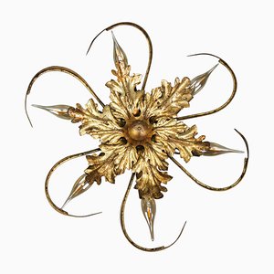 Hollywood Regency Style Gilt Metal 6-Light Oak Leaf Flush Mount, 1970s-KEG-1615660