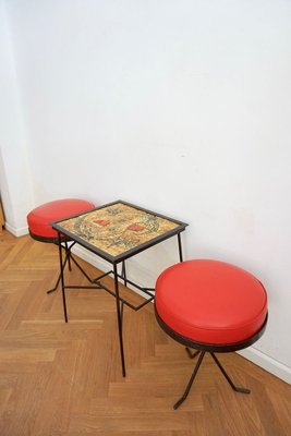 Hungarian Ceramic Side Table & Red Stools, 1969, Set of 3-HYJ-750731