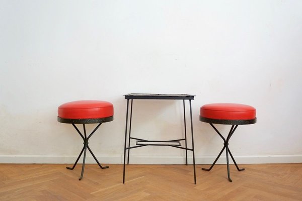 Hungarian Ceramic Side Table & Red Stools, 1969, Set of 3-HYJ-750731