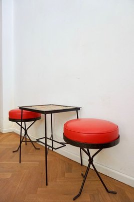 Hungarian Ceramic Side Table & Red Stools, 1969, Set of 3-HYJ-750731