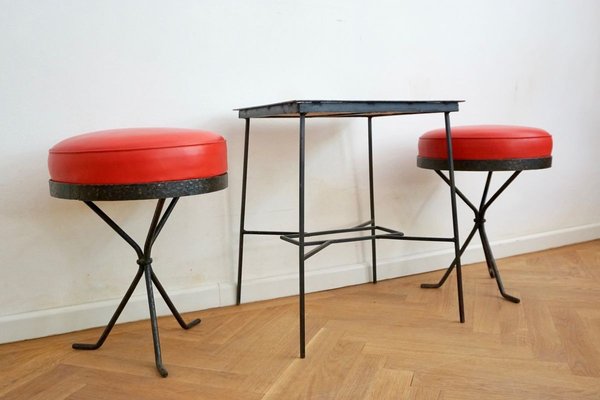 Hungarian Ceramic Side Table & Red Stools, 1969, Set of 3-HYJ-750731