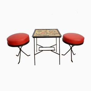 Hungarian Ceramic Side Table & Red Stools, 1969, Set of 3-HYJ-750731