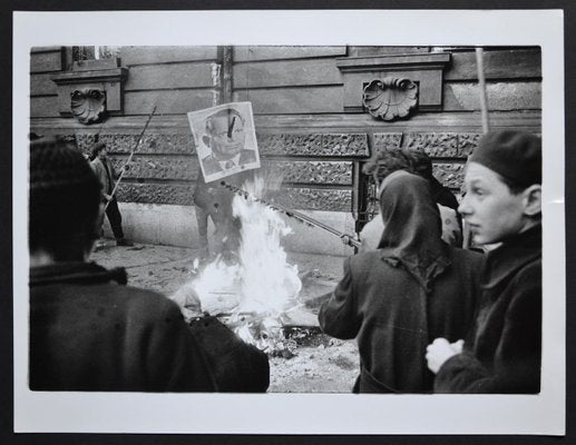 Hungary Uprising in Back a Fire with a Poster of Istvan Dobi, 1956-DYV-701268