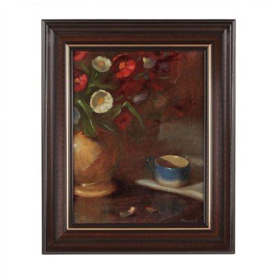 I. Ryazhsky, Still Life with a Mug and Flowers, Painting, Framed-WMV-1131815