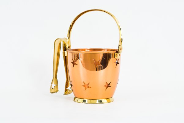 Ice Bucket with Ice Tongs in Copper and Brass and Internal Glass Cup, 1950s-SPD-958057