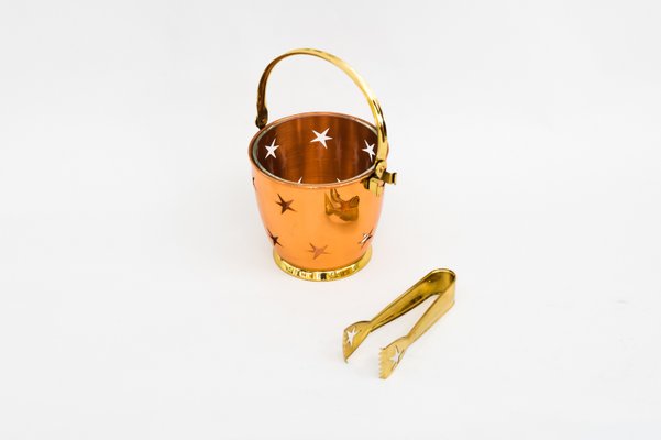 Ice Bucket with Ice Tongs in Copper and Brass and Internal Glass Cup, 1950s-SPD-958057