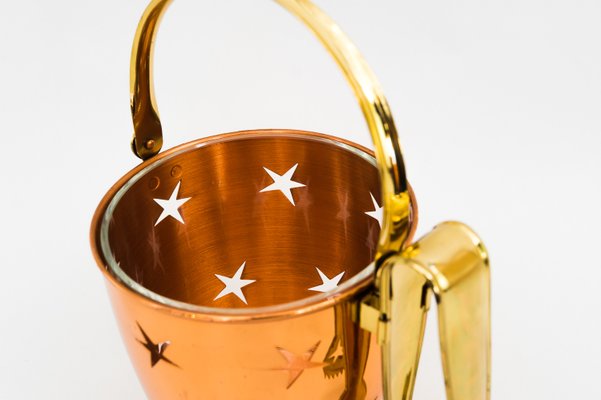 Ice Bucket with Ice Tongs in Copper and Brass and Internal Glass Cup, 1950s-SPD-958057