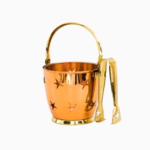 Ice Bucket with Ice Tongs in Copper and Brass and Internal Glass Cup, 1950s-SPD-958057