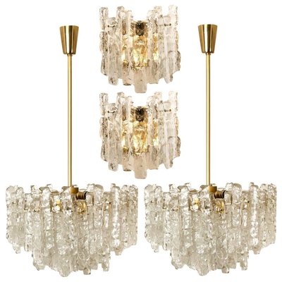 Ice Glass Light Fixtures, 2 Wall Scones and 2 Chandeliers from Kalmar, Set of 4-VDW-910075