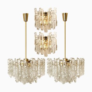 Ice Glass Light Fixtures, 2 Wall Scones and 2 Chandeliers from Kalmar, Set of 4-VDW-910075