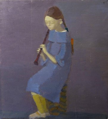 Igor Smekalov, Portrait with Flute, Contemporary Painting, Blue Oil Portrait, 2007-QUE-944032