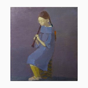 Igor Smekalov, Portrait with Flute, Contemporary Painting, Blue Oil Portrait, 2007-QUE-944032