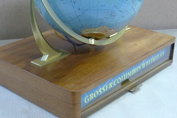 Illuminated Glass Globe with Semi-Gimbal Suspension & Large Atlas in Drawer from Columbus Oestergaard, 1960s-VRE-850146