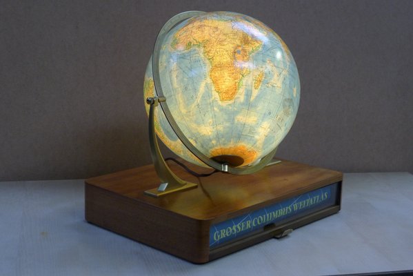 Illuminated Glass Globe with Semi-Gimbal Suspension & Large Atlas in Drawer from Columbus Oestergaard, 1960s-VRE-850146