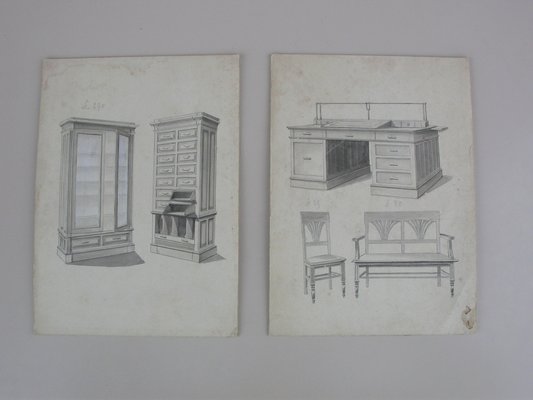 Illustrations from Furniture Archive, Early 20th Century, Original Pencil Drawings, Set of 2-CNH-1800333