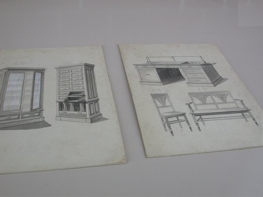 Illustrations from Furniture Archive, Early 20th Century, Original Pencil Drawings, Set of 2-CNH-1800333