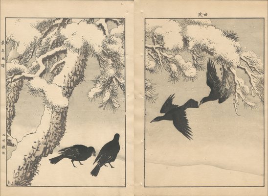 Imao Keinen, Double-Page Ravens Alight on a Bench Beneath a Snowy Pine from Keinen Kacho Gafu, 1892, Woodblock Print-YWW-2035986