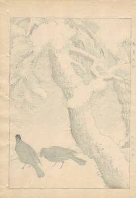 Imao Keinen, Double-Page Ravens Alight on a Bench Beneath a Snowy Pine from Keinen Kacho Gafu, 1892, Woodblock Print-YWW-2035986