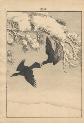 Imao Keinen, Double-Page Ravens Alight on a Bench Beneath a Snowy Pine from Keinen Kacho Gafu, 1892, Woodblock Print-YWW-2035986