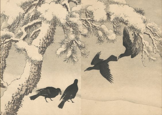 Imao Keinen, Double-Page Ravens Alight on a Bench Beneath a Snowy Pine from Keinen Kacho Gafu, 1892, Woodblock Print-YWW-2035986