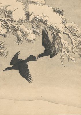 Imao Keinen, Double-Page Ravens Alight on a Bench Beneath a Snowy Pine from Keinen Kacho Gafu, 1892, Woodblock Print-YWW-2035986