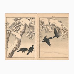 Imao Keinen, Double-Page Ravens Alight on a Bench Beneath a Snowy Pine from Keinen Kacho Gafu, 1892, Woodblock Print-YWW-2035986