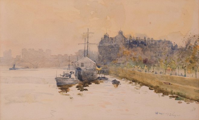 Impressionist Temple Pier London, 1910s, Watercolour on Canvas, Framed-AOI-1144902