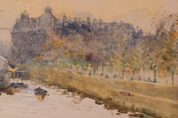 Impressionist Temple Pier London, 1910s, Watercolour on Canvas, Framed-AOI-1144902