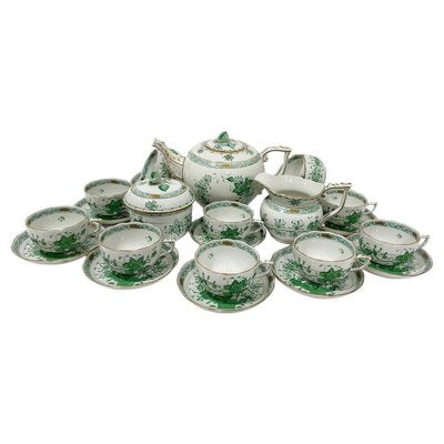 Indian Basket Green Pattern Porcelain Tea Service for 12 from Herend, Hungary, 1930s, Set of 27-UCH-1722128