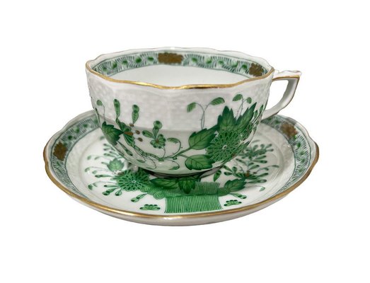 Indian Basket Green Pattern Porcelain Tea Service for 12 from Herend, Hungary, 1930s, Set of 27-UCH-1722128