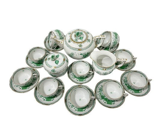 Indian Basket Green Pattern Porcelain Tea Service for 12 from Herend, Hungary, 1930s, Set of 27-UCH-1722128