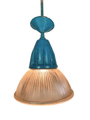 Industrial Bauhaus Factory Pendant Lamp in Blue Holophane Glass, 1920s-WZZ-1785432