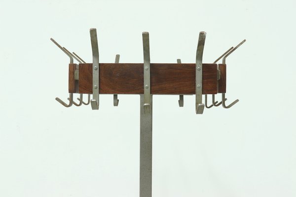 Industrial Belgian Steel & Teak Free Standing Coat Rack, 1950s-VV-1295027