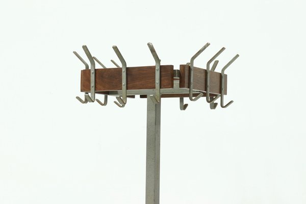 Industrial Belgian Steel & Teak Free Standing Coat Rack, 1950s-VV-1295027