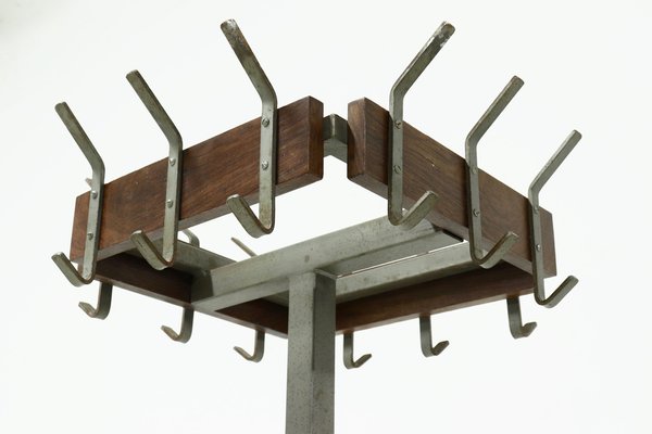 Industrial Belgian Steel & Teak Free Standing Coat Rack, 1950s-VV-1295027