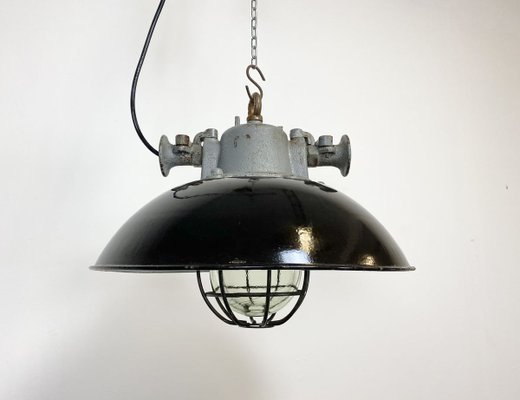 Industrial Black Enamel and Cast Iron Cage Pendant Lamp, 1950s-CGF-789307