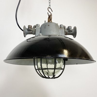 Industrial Black Enamel and Cast Iron Cage Pendant Lamp, 1950s-CGF-789307