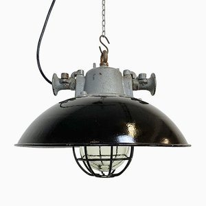 Industrial Black Enamel and Cast Iron Cage Pendant Lamp, 1950s-CGF-789307