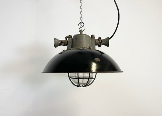 Industrial Black Enamel and Cast Iron Cage Pendant Light, 1950s-CGF-1057227