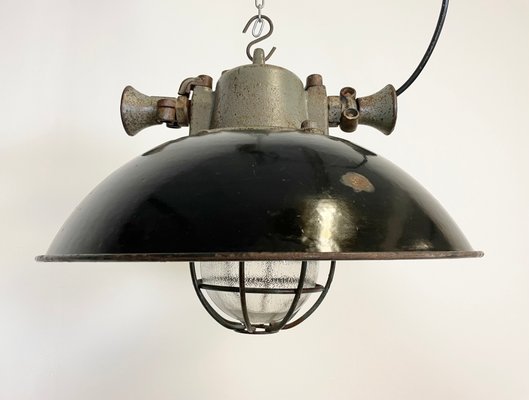 Industrial Black Enamel and Cast Iron Cage Pendant Light, 1950s-CGF-1057227